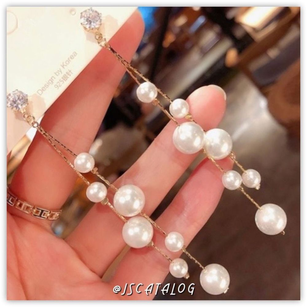 1 Pair of CZ w/Faux Pearls Long Drop Gold Earrings